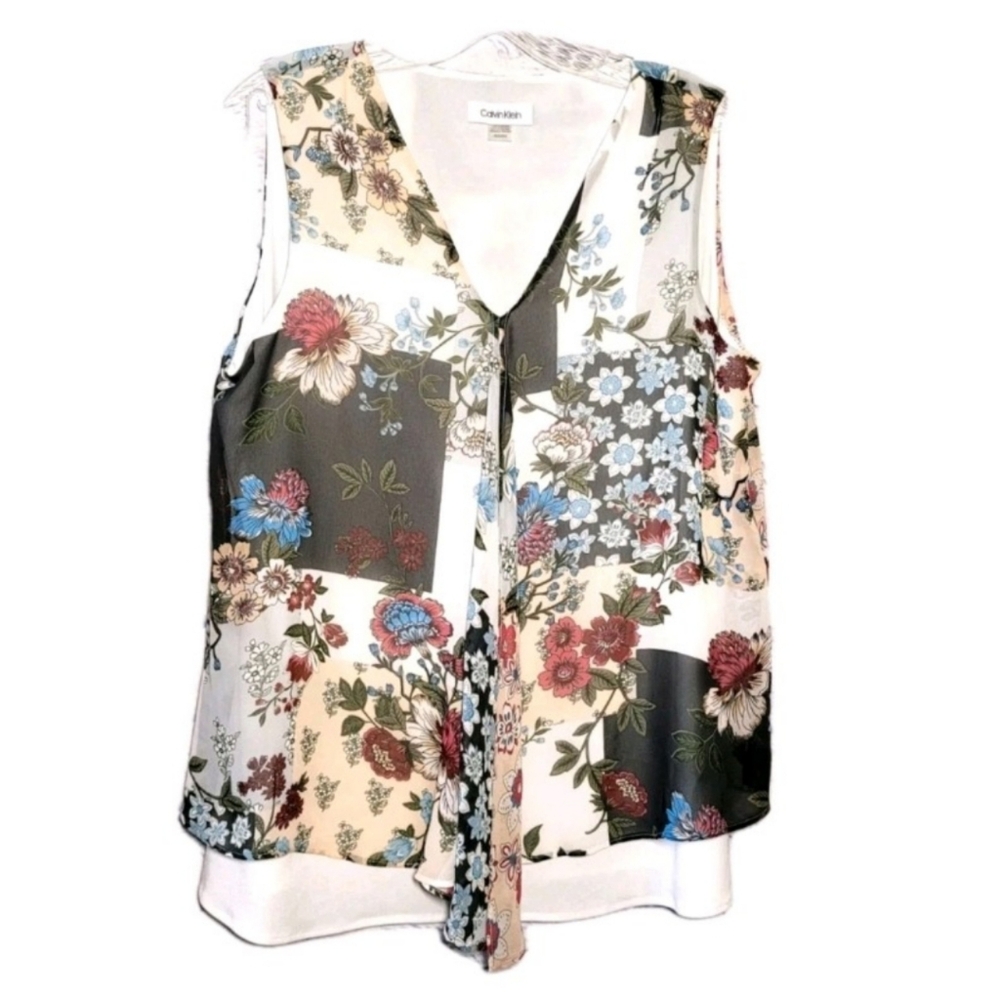 Calvin Klein Floral Top Pleated Front Split Back Sleeveless Layered Size M Work